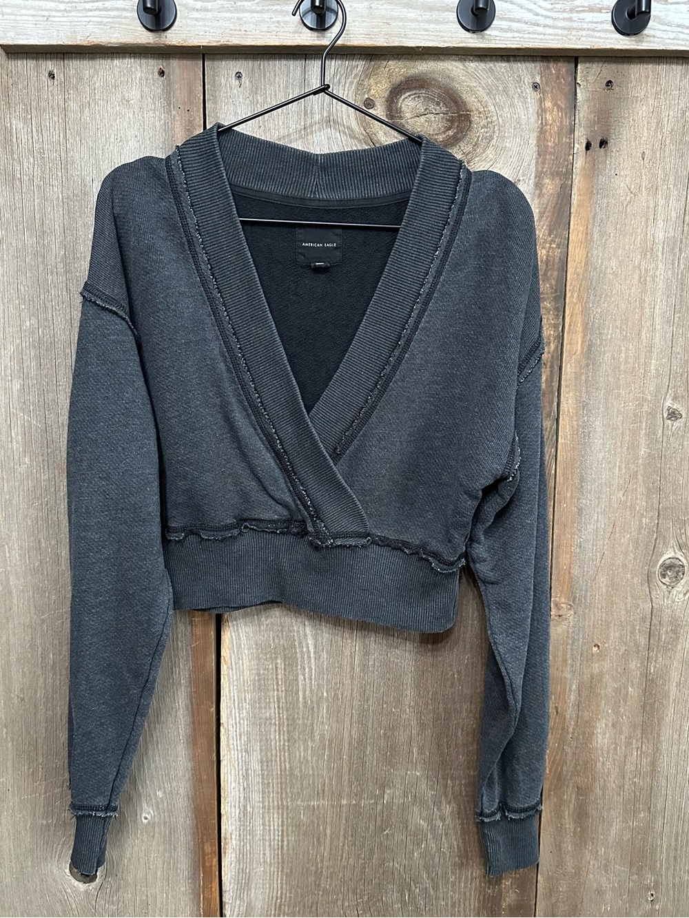 American Eagle Cropped Wrap Front Sweatshirt in Washed Black Size Small